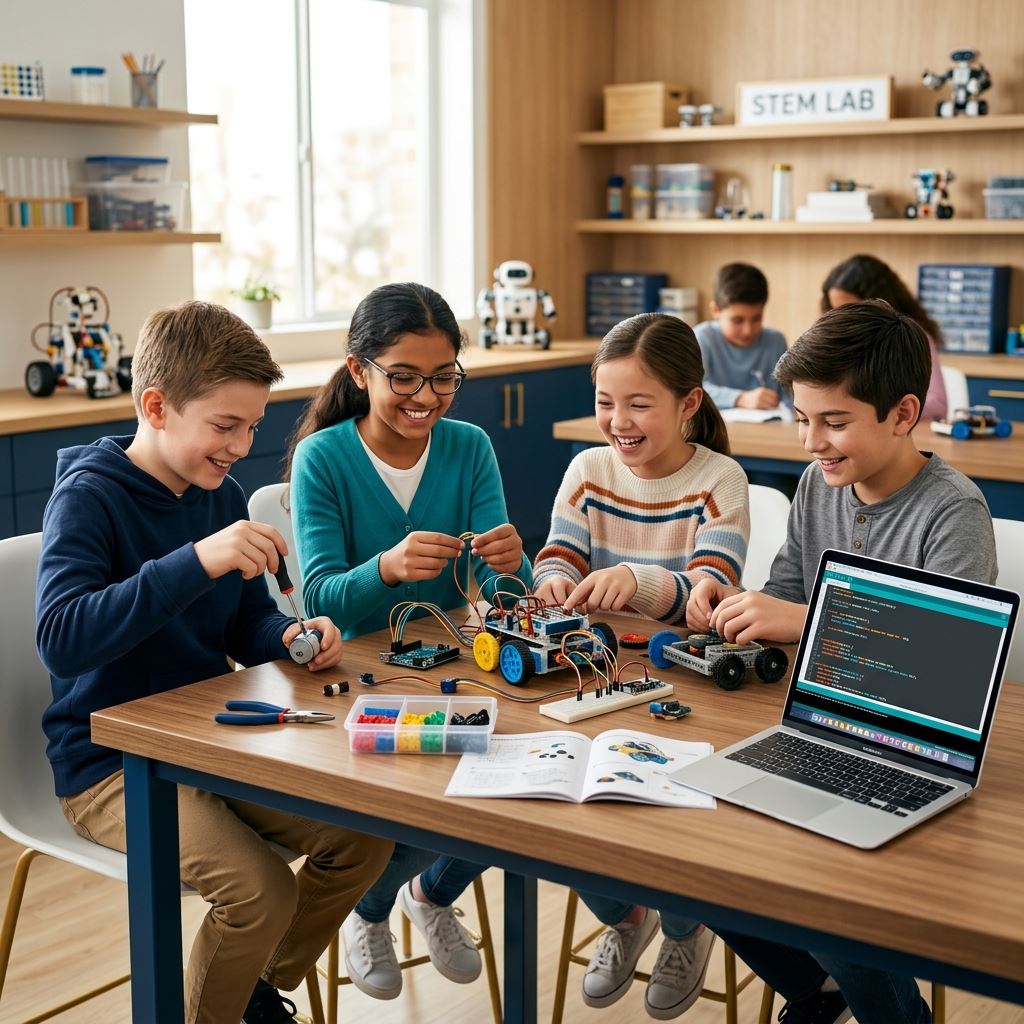 Niños programando y armando robots